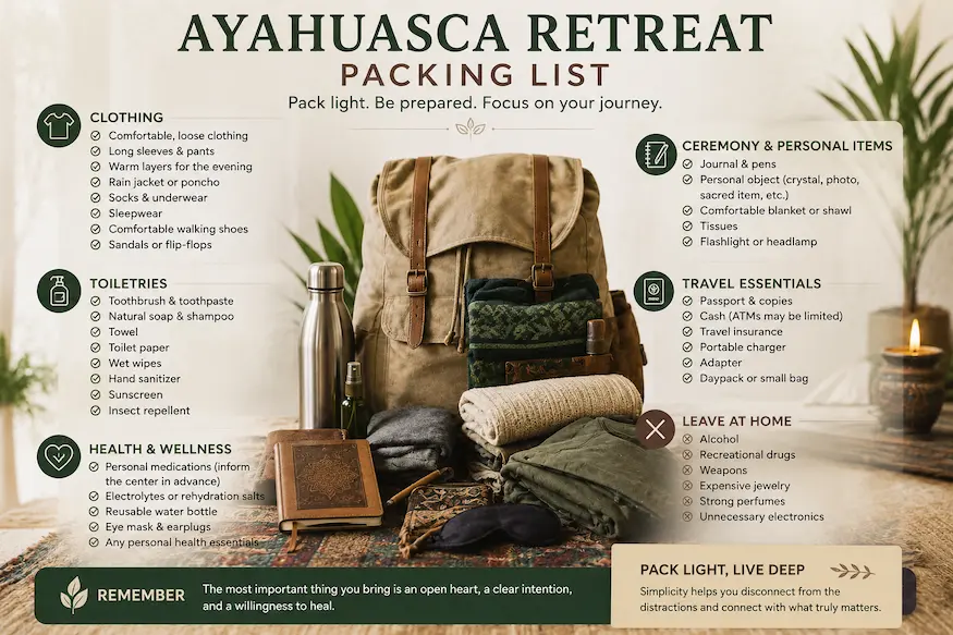 Complete ayahuasca retreat packing list with clothing, toiletries, health items, ceremony essentials, and travel recommendations for Peru.