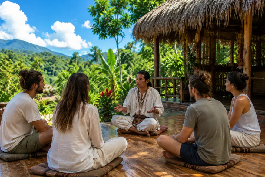 Ayahuasca facilitator speaking with participants before a ceremony in Peru