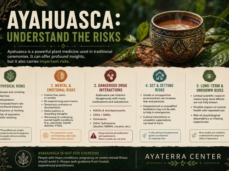 Ayahuasca risks infographic banner showing physical, mental, emotional, and long-term safety concerns related to ayahuasca ceremonies.